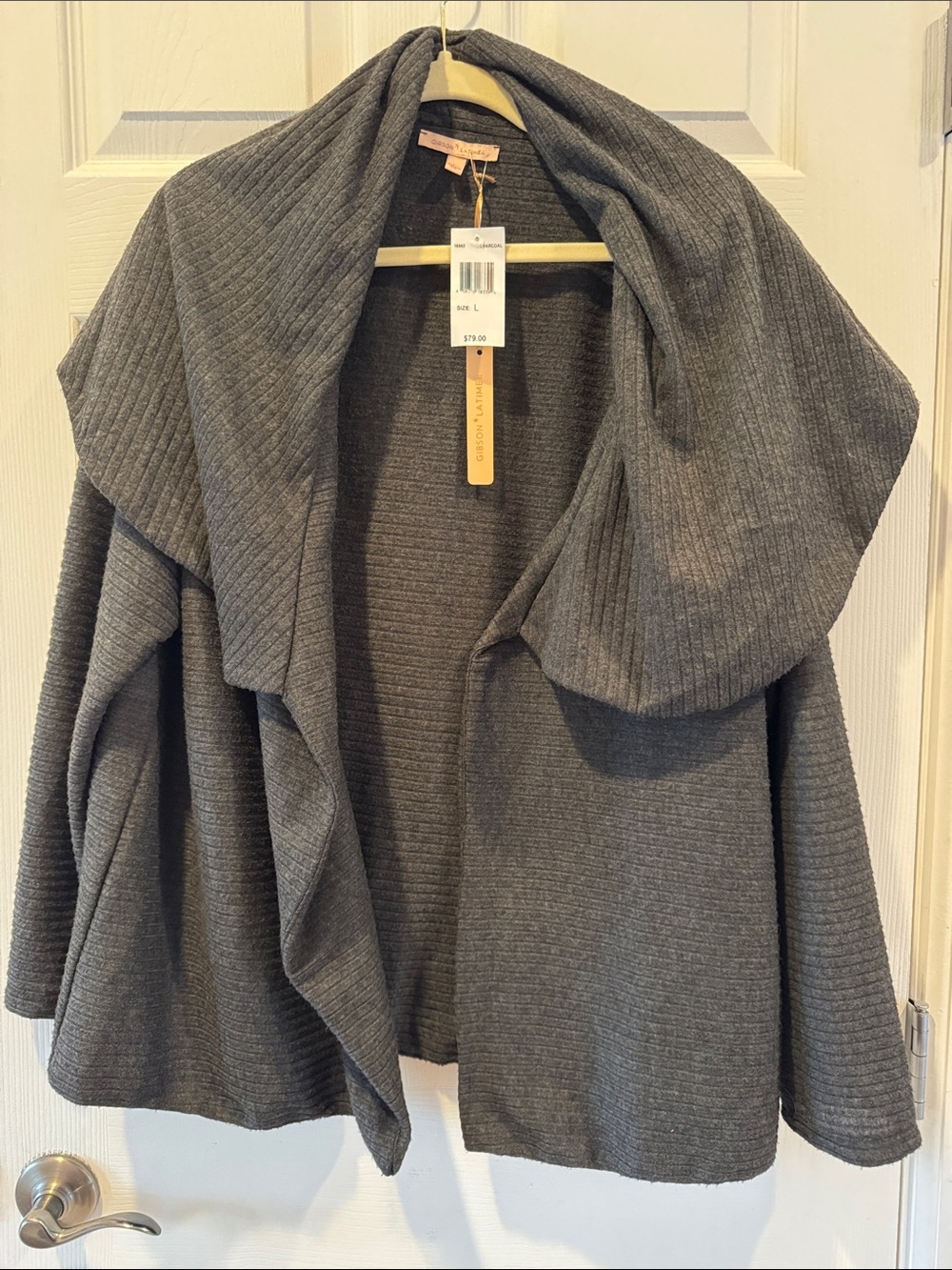 Gibson Latimer Ribbed Open-Front Shawl Collar Cardigan - Gray